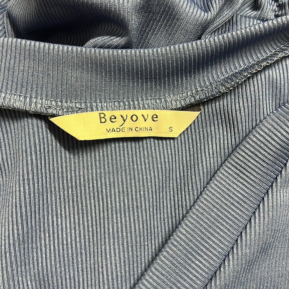 Beyove Blue Ruched Bodycon Ribbed V Neck Button Front Short Sleeve Mini Dress S - Picture 11 of 12